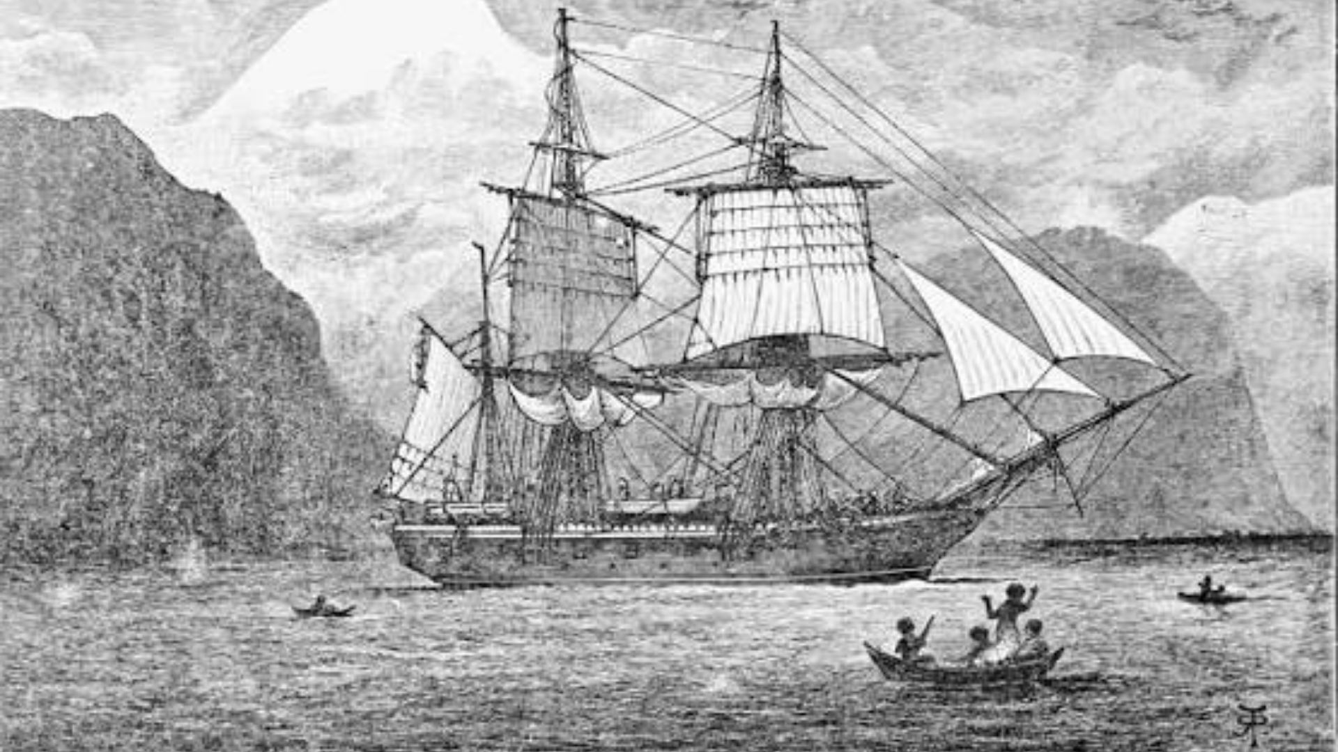 Illustration of the HMS Beagle sailing near mountainous coastline
