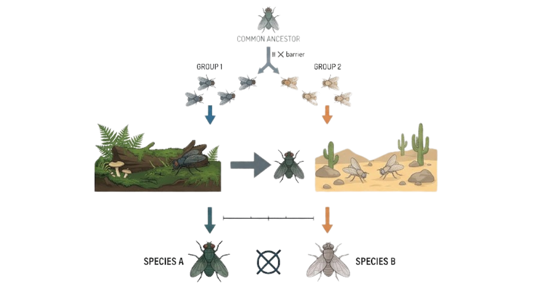Diagram of a common ancestor population diverging into two separate species